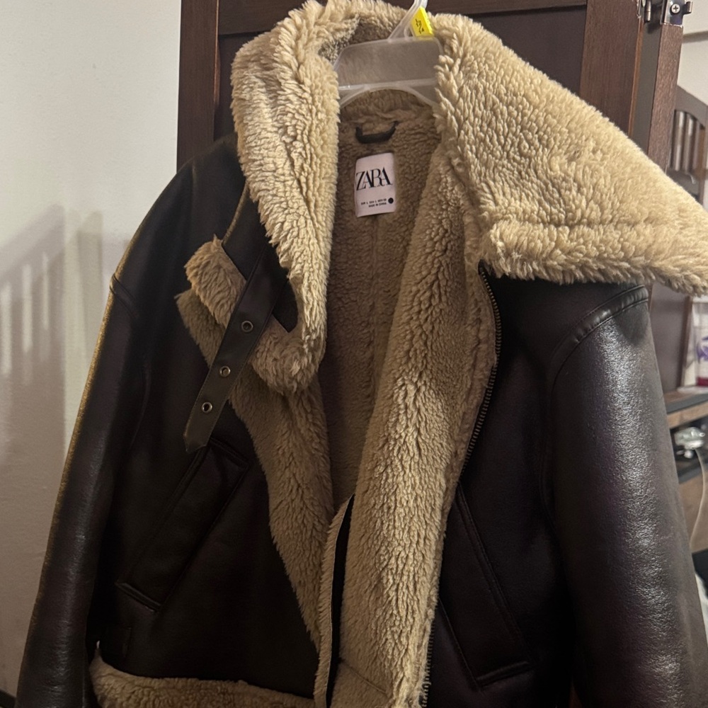 Zara Brown Leather Bomber Jacket with Cream Sherpa Lining